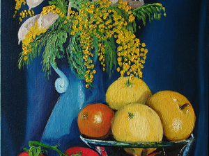 Natura morta su sfondo blu